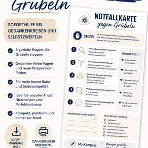 Könnte beinhalten: Ein digitales Dokument mit dem Titel Notfallkarte Grübeln, das einen strukturierten Leitfaden mit fünf nummerierten Schritten, einem Stoppschild-Symbol und einem Bereich für kleine Schritte zur Reduzierung von Grübeleien enthält.