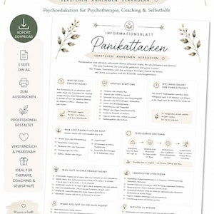 May include: A German-language informational sheet titled Panikattacken, featuring sections on understanding, accepting, and changing panic attacks. The document includes icons, bulleted lists, and diagrams explaining symptoms, triggers, and coping strategies.