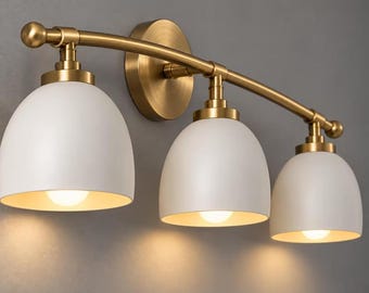 3-Light Brushed Nickel Brass Vanity Light, Modern Mid-Century Bathroom Sconce