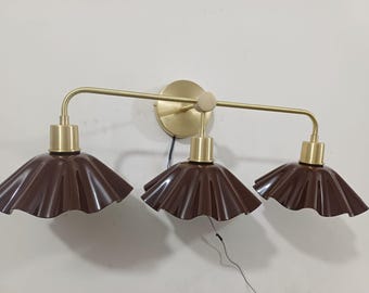 3 Light Brass Vanity Light, Navy Blue Scalloped Wall Sconce, Mid Century Modern Bathroom Lighting, Gold Wall Lamp, Vintage Vanity Fixture