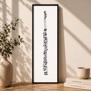 Peut inclure: Une œuvre d'art murale encadrée verticalement présentant un dessin au trait noir d'un hautbois sur fond blanc. L'illustration utilise des lignes continues pour représenter le corps, les clés et le pavillon de l'instrument dans un cadre noir.