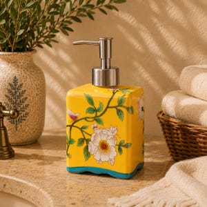 Blumen Keramik Seifenspender 410ml | Vintage mediterrane Badezimmer-Küchen-Dekor
