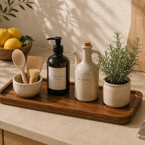 Vassoio rettangolare in legno, organizer per il bagno, vassoio per il piano cucina, vassoio dispenser di sapone, contenitore per l'ingresso