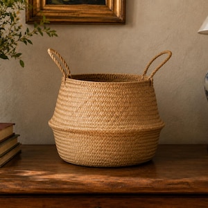 Cesto de junco trançado à mão, vaso de vime, organizador para casa em estilo boho costeiro