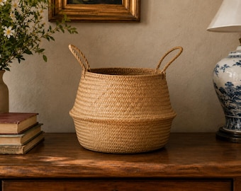 Handgeweven zeegrasmand, rieten plantenbak, Coastal Boho Home Storage