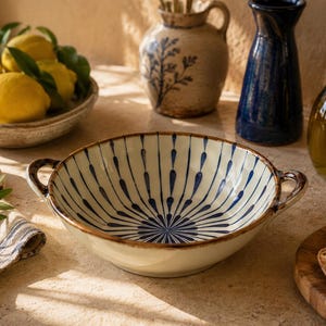 Mediterranean Ceramic Serving Bowl | Blue Coastal Pasta Bowl | Spanish Style Tableware | Handmade Boho Kitchen Decor