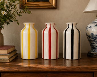 Vaso in ceramica a righe, vaso nero bianco rosso giallo, decorazione in stile rustico country, decorazione per mensole in stile mediterraneo rustico cottagecore, vaso di fiori vintage