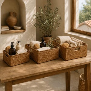 Puede incluir: Tres cestas de almacenamiento rectangulares trenzadas en color beige natural, cada una con asas laterales integradas. Las cestas contienen varios artículos esenciales de baño, incluyendo toallas beige enrolladas y cepillos de madera.