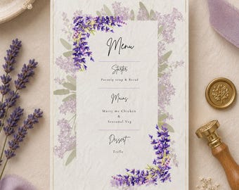 Lavender Wedding Menu Template | Purple Floral Reception Stationery (Digital Download)