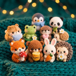 May include: A collection of small, crocheted animal figures including a fox with a mushroom, a bear holding a honey pot, a rabbit with a carrot, a hedgehog with a flower, a penguin, a panda, a frog, a hamster, and a snail with a daisy.