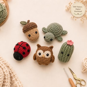 Może przedstawiać: Pięć małych szydełkowanych figurek amigurumi, w tym brązowy żołądź, zielony żółw, czerwona biedronka w czarne kropki, brązowa sowa z białymi plamkami wokół oczu oraz zielony kaktus z różowym kwiatem. Tekst: PDF Pattern Digital Download.