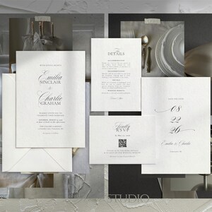 Elegant Wedding Invitation Suite | Editable Canva Template | Printable Wedding Invitation Set with QR Code RSVP, Details Card, Save the Date