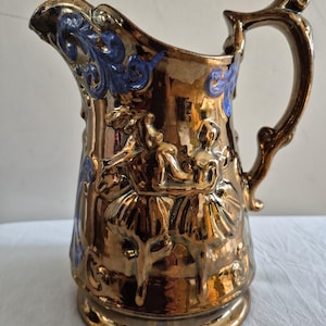 Antique Gilt Jug – Blue Enamel Relief Pitcher, Victorian Fancy Ware, Ornate Ceramic Display (19cm)