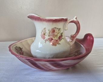Juego de lavabo de loza de Staffordshire de estilo vintage de los años 70 • Jarra y cuenco de cerámica con diseño floral de rosas rosas (Hecho en Inglaterra)