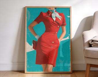 May include: A framed vintage-style poster featuring a person wearing a short-sleeved red dress with a white collar scarf and white gloves. The figure is set against a solid teal background, with the illustration capturing a mid-century aesthetic.