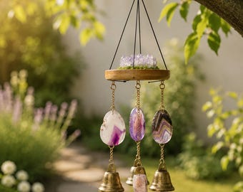 Sino de Vento em Fatias de Ágata Ametista, Sinos de Latão, Ornamento Boho para Jardim, Decoração para Meditação