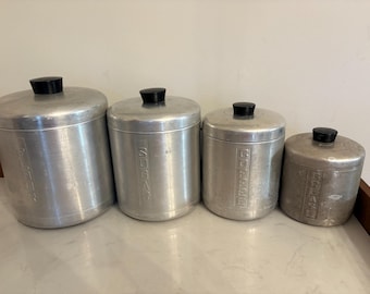 Vintage 1950s Brushed Aluminum Kitchen Canister Set, Steelmaster Italy, Mid-Century