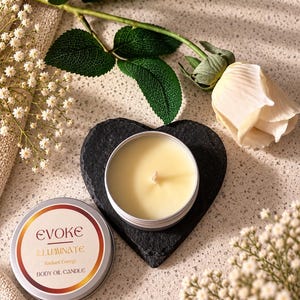 Puede incluir: Una lata redonda plateada que contiene una vela de aceite corporal de color amarillo pálido, sobre un posavasos de piedra negra en forma de corazón. La tapa tiene el texto EVOKE ILLUMINATE Radiant Energy BODY OIL CANDLE. Una rosa crema y flores blancas.