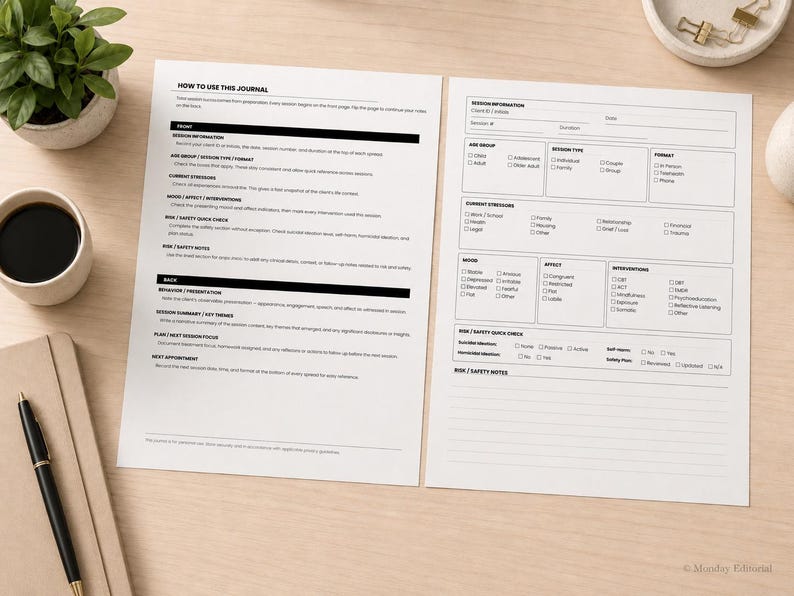 May include: Two white paper sheets featuring a clinical session journal template with black text. The left sheet provides instructions, while the right sheet contains checkboxes and fields for session information, age group, mood, and safety notes.