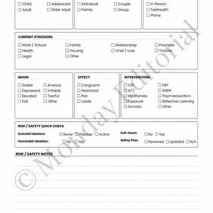 May include: A white clinical session note form with black text and checkboxes. Sections include Session Information, Age Group, Session Type, Format, Current Stressors, Mood, Affect, Interventions, Risk/Safety Quick Check, and Risk/Safety Notes.
