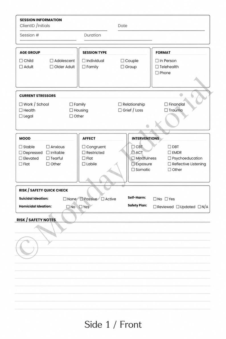 May include: A white clinical session note form with black text and checkboxes. Sections include Session Information, Age Group, Session Type, Format, Current Stressors, Mood, Affect, Interventions, Risk/Safety Quick Check, and Risk/Safety Notes.
