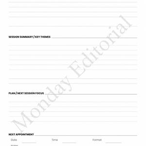 May include: A white paper therapy session note template with black text. Sections include Behavior/Presentation, Session Summary/Key Themes, Plan/Next Session Focus, and Next Appointment with fields for Date, Time, Format, and Notes. Labeled side 2 / back.