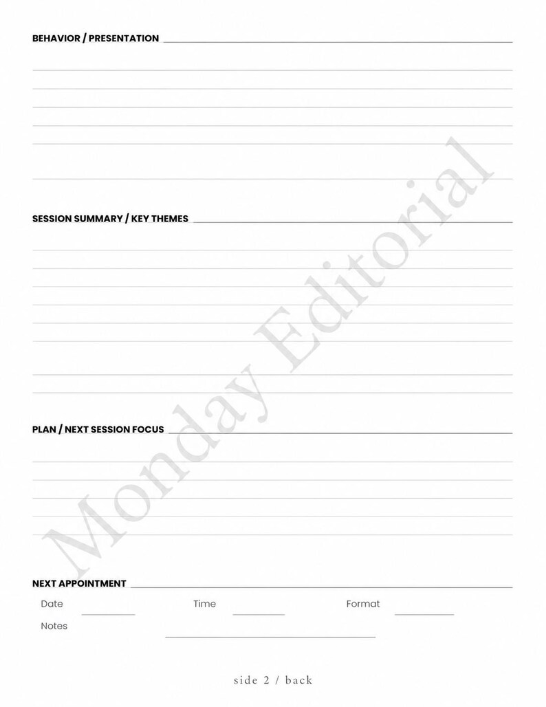 May include: A white paper therapy session note template with black text. Sections include Behavior/Presentation, Session Summary/Key Themes, Plan/Next Session Focus, and Next Appointment with fields for Date, Time, Format, and Notes. Labeled side 2 / back.