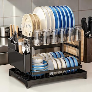 Dish Drying Rack with Utensil Holder, 2 Tier Kitchen Counter Organizer, Plate and Bowl Drainer for Small Kitchens