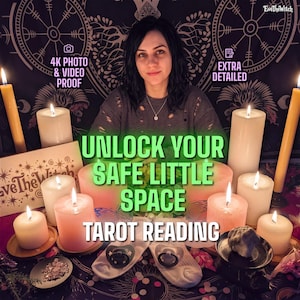 May include: A person sits behind a display of numerous white and pink pillar candles, two pacifiers, and a small wooden sign with the text "LoveTheWitch". The image features text overlays including "UNLOCK YOUR SAFE LITTLE SPACE TAROT READING".