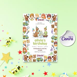May include: A rectangular birthday invitation card featuring Scooby-Doo characters, the Mystery Machine van, and ghosts. The text reads Scooby-Doo, Ruh-Roh! A Party is Coming!, olivia's birthday, Thursday, February 23, 6:00 pm, 123 Anywhere St, Any City, ST 12345, RSVP by 15 January.