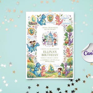 以下が含まれることがあります： ドラゴン、子供たち、ケーキのカラフルなイラストが描かれた長方形の誕生日招待状カード。テキストは次の通りです：I WISH, I WISH WITH ALL MY HEART, CALLING ALL DRAGONS FOR ELLINA'S BIRTHDAY, THURSDAY, FEBRUARY 25, 4:00 PM, 111 ANYWHERE ST., ANY CITY, ST 12345, RSVP by 15 January。