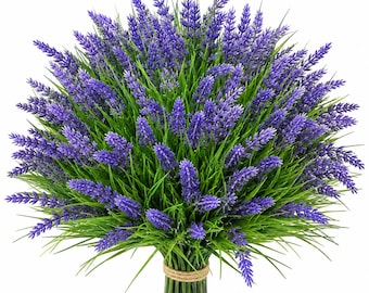 May include: A dense, rounded bouquet of artificial lavender flowers featuring vibrant purple, cone-shaped blossoms interspersed with long, slender green grass blades. The stems are gathered together and secured at the base with a natural twine wrap.