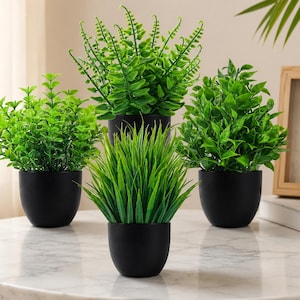May include: A set of four artificial green plants in matte black rounded pots. The collection includes a tall fern, two leafy shrubs with rounded foliage, and a central plant with long, pointed, grass-like blades, all arranged together.
