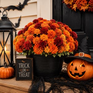 May include: A large black planter filled with vibrant orange and deep red chrysanthemum flowers, positioned next to a carved jack-o'-lantern wearing a black witch hat, a small orange pumpkin, and a sign with the text TRICK OR TREAT.