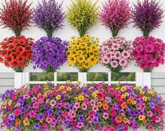 24 Bundles UV Resistant Artificial Flowers, Daisy Lavender Eucalyptus Plants, Colorful Outdoor Decor