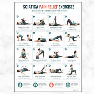 Könnte beinhalten: Ein druckbares Diagramm mit dem Titel Sciatica Pain Relief Exercises, das sechzehn nummerierte Illustrationen einer Person in türkisfarbener Sportkleidung bei verschiedenen Dehn- und Mobilitätsübungen zeigt, inklusive Anleitungen und Sicherheitshinweisen.