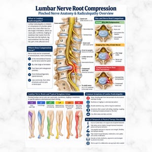May include: An educational medical poster titled Lumbar Nerve Root Compression, featuring anatomical illustrations of the spine, nerve roots, and disc conditions, alongside diagrams showing symptom areas for L1 through S1 nerve levels.