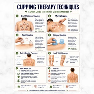 May include: An educational poster titled Cupping Therapy Techniques featuring eight numbered sections with diagrams and text explaining methods like dry, moving, flash, and silicone cupping, along with placement guides for the back, shoulders, and legs.