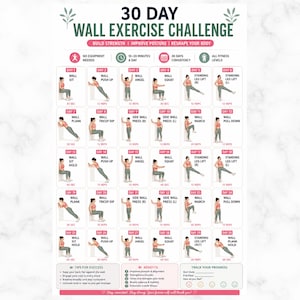 Puede incluir: Un gráfico de desafío de ejercicios de pared de 30 días con una cuadrícula de rutinas diarias. Cada recuadro muestra la ilustración de una persona realizando un ejercicio específico contra una pared, etiquetado con el día y las repeticiones.