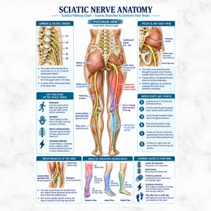 May include: An educational medical chart titled Sciatic Nerve Anatomy, featuring detailed anatomical illustrations of the human lower back, pelvis, and legs, with text explaining nerve pathways, functions, branches, and common pain areas.