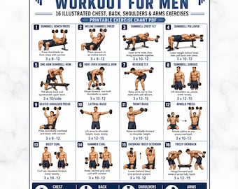 Haltertraining voor het bovenlichaam voor mannen, printbaar oefenschema (pdf), 16 geïllustreerde oefeningen voor borst, rug, schouders en armen, A4 US Letter-formaat