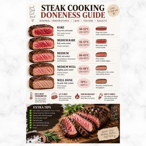 May include: A steak cooking doneness guide chart featuring internal temperatures in Celsius and Fahrenheit, visual cross-sections of meat from rare to well done, cooking tips, and a photograph of a sliced, seared steak on a wooden cutting board.