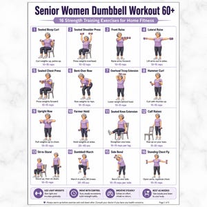 Op de afbeelding: Een witte instructieposter getiteld Senior Women Dumbbell Workout 60+ met 16 genummerde illustraties van een persoon in een paars shirt en donkere broek die krachttrainingsoefeningen met dumbbells uitvoert, inclusief herhalingen en instructies.