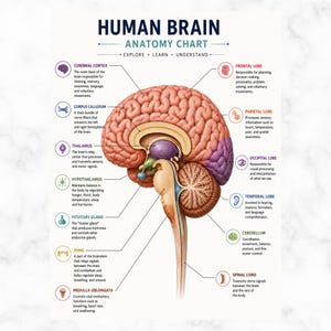 Puede incluir: Un gráfico de anatomía del cerebro humano con una ilustración detallada en sección transversal. El diagrama etiqueta partes que incluyen la corteza cerebral, el lóbulo frontal, el lóbulo parietal, el lóbulo occipital, el lóbulo temporal y el cerebelo.