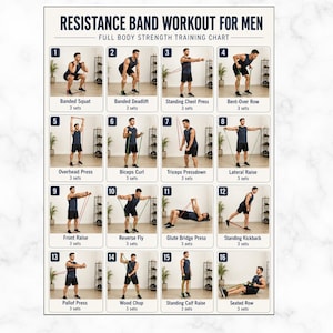 Puede incluir: Una tabla de ejercicios con bandas de resistencia titulada RESISTANCE BAND WORKOUT FOR MEN, que muestra dieciséis ilustraciones numeradas de ejercicios como sentadillas, peso muerto, press y curls, cada uno con 3 series indicadas.