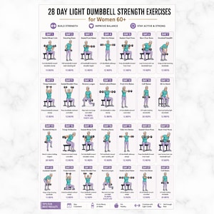 28-daagse senior dames haltertraining 60+ afdrukbaar, krachttraining, ouderen thuisfitnessroutine, seniorenpostergrafiek