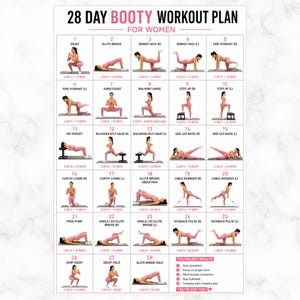 May include: A 28-day workout plan chart featuring 28 numbered exercise illustrations. Each box displays a person in pink athletic wear performing a specific movement with text labels like squat, glute bridge, and lunge, plus set and rep counts.