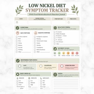 Può includere: Un diario di monitoraggio dei sintomi per dieta a basso contenuto di nichel e reintroduzione alimentare SNAS. Questo modulo stampato include sezioni per data, cibo, porzione, tempo, sintomi, reazione, gravità, stato e note.