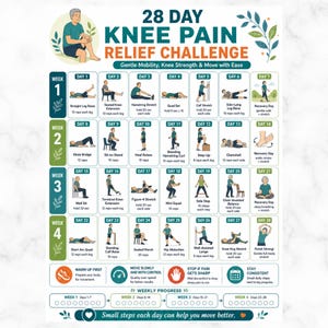 May include: A 28-day knee pain relief challenge chart featuring daily exercise illustrations, instructions, and progress trackers. The layout includes four weeks of mobility and strength movements, safety tips, and a weekly progress checklist.