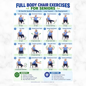 Può includere: Un poster bianco intitolato Full Body Chair Exercises for Seniors con 16 illustrazioni numerate di una persona con camicia blu e pantaloni scuri che esegue esercizi da seduti. Include testo sui benefici e consigli di sicurezza in basso.